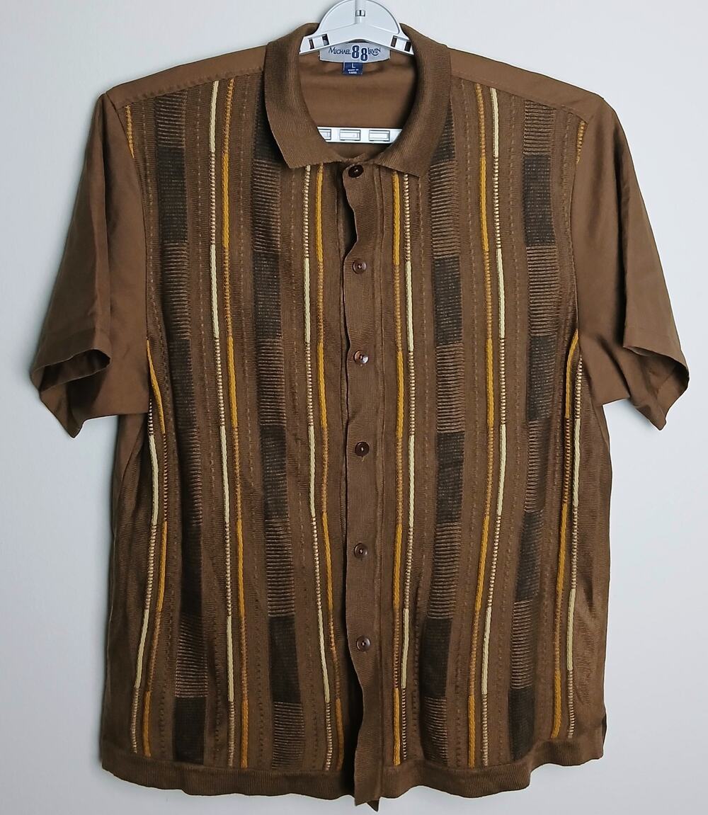 Michael Irvin 88 Playmaker Men Large Knit Button Down Shirt Brown Retro Stripe